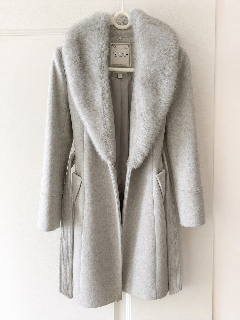 Ever New Light Gray Wool-Blend Coat with Faux Fur Collar